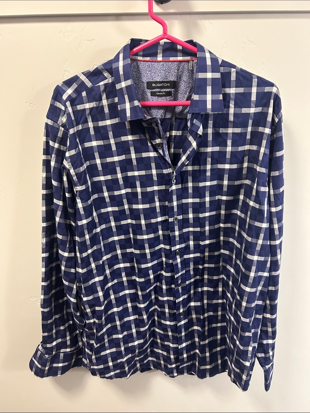 Bugatchi Navy and White Windowpane Button-Down Shirt